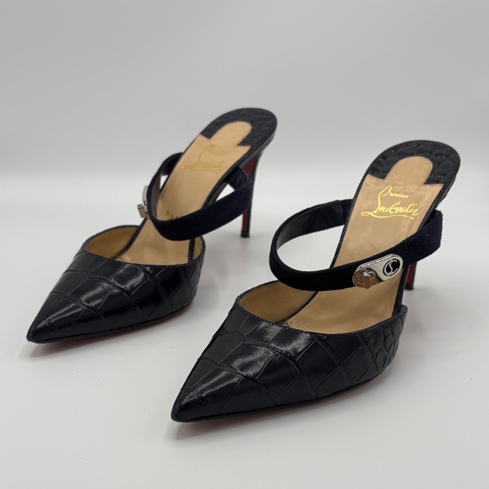 Christian Louboutin Dark Navy Pointed-Toe Strap Mules